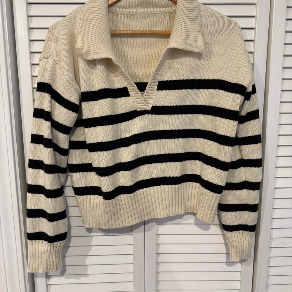Cider Black and Cream Striped V-Neck Sweater